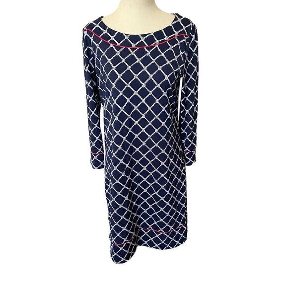Lands End Navy + White Trellis Design Stretchy Long Sleeve Dress Small - Picture 1 of 5